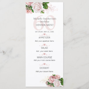 Blush Pink Floral Roses White 60th Birthday Menu