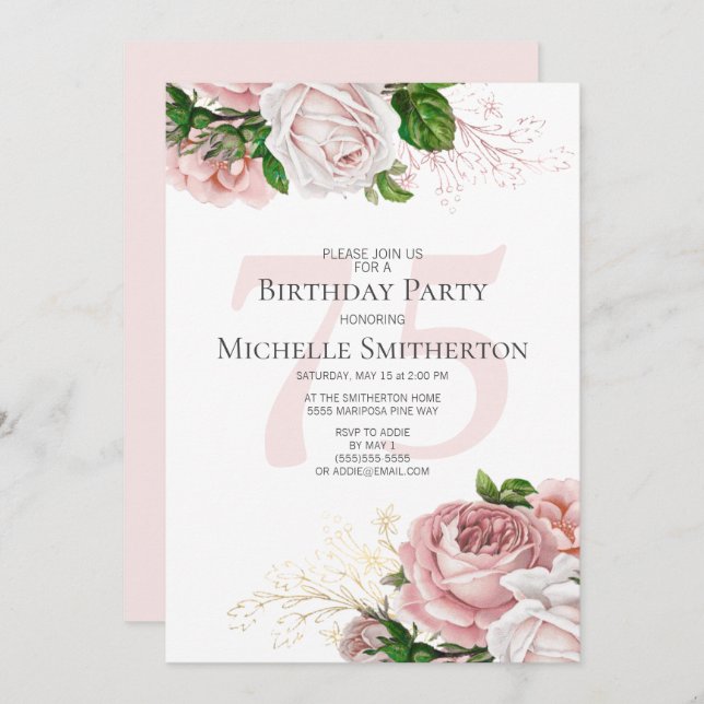Blush Pink Floral Roses White 75th Birthday Invitation (Front/Back)