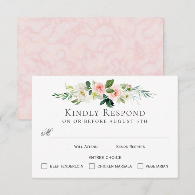 Blush Pink Floral RSVP Card with Entree Choices (Front/Back)