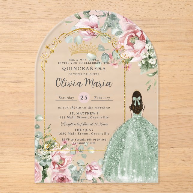 Blush Pink Floral Sage Green Quinceañera Sweet 16 Acrylic Invitations (Front)