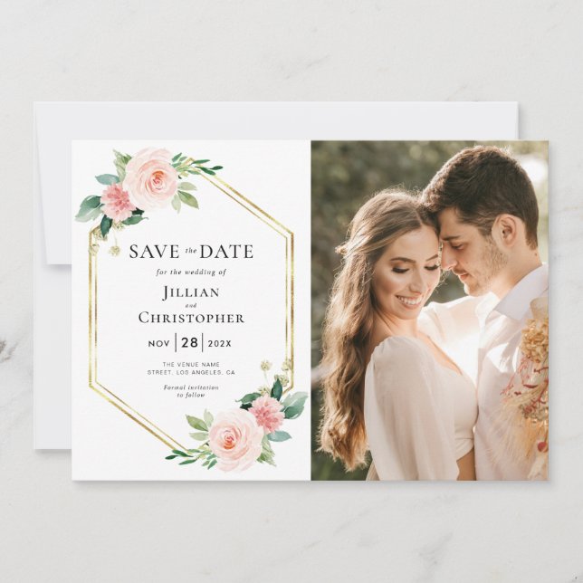 blush pink floral save the date photo card (Front)