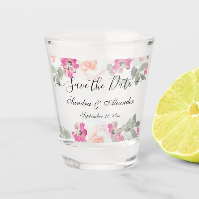 Blush Pink Floral Save The Date Wedding Shot Glass (Front)