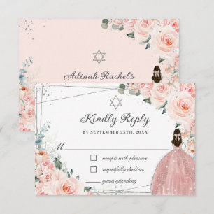 Blush Pink Floral Silver Bat Mitzvah Girl Dress RSVP Card
