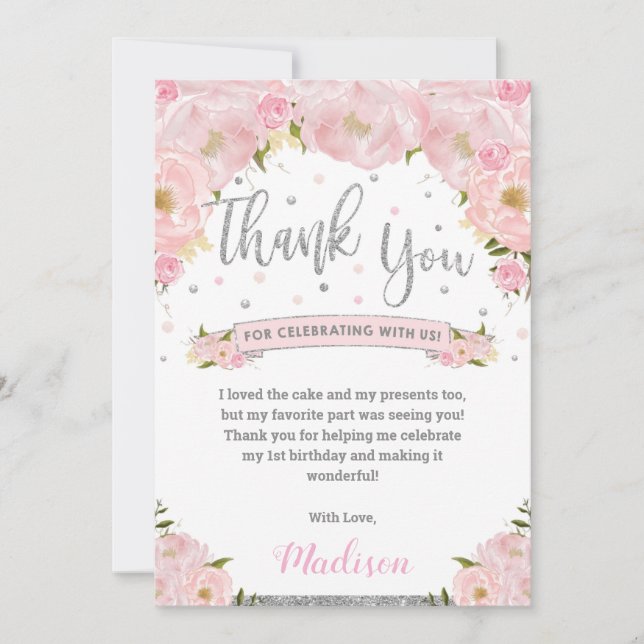 Blush Pink Floral Silver Birthday Baby Shower Thank You Card (Front)