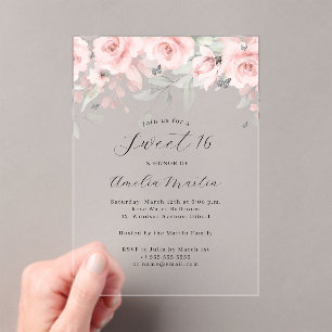 Blush Pink Floral Silver Butterfly Sweet 16 Acrylic Invitations