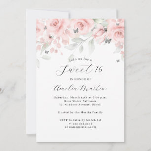 Blush Pink Floral Silver Butterfly Sweet 16 Invitation