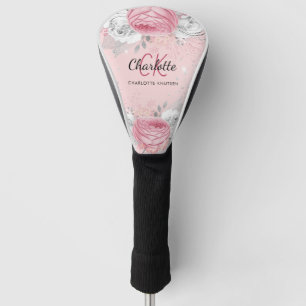Blush pink floral silver foliage monogram script golf head cover