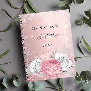 Blush pink floral silver glitter dust name script notebook