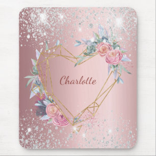 Blush pink floral silver glitter monogram elegant mouse pad
