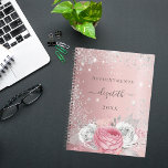 Blush pink floral silver glitter name script 2025 planner<br><div class="desc">A blush pink background with pink florals, silver foliage and faux silver glitter dust. Personalize and add your name, title and year. The name is written with a modern hand lettered style script with swashes. To keep the swashes only delete the sample name, leave the spaces or emoji's in front...</div>