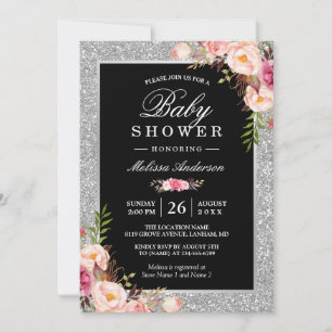 Blush Pink Floral Silver Glitters Baby Shower Invitation