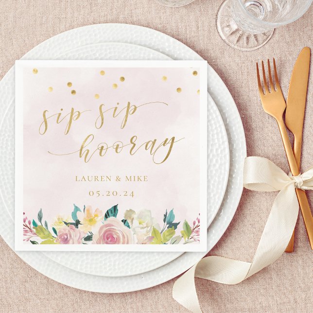 Blush Pink Floral Sip Sip Hooray Bridal Shower Napkin (Creator Uploaded)
