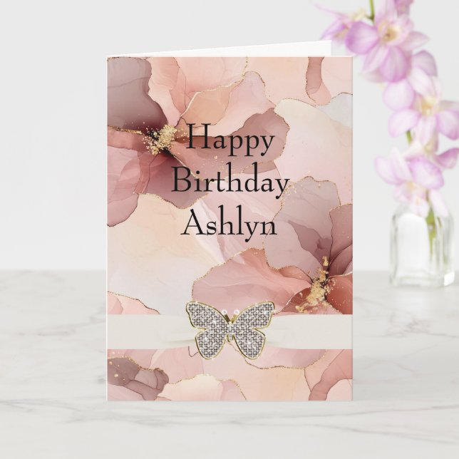 Blush Pink Floral Sparkle Butterfly Birthday Card (Orchid)