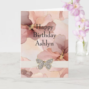 Blush Pink Floral Sparkle Butterfly Birthday Card