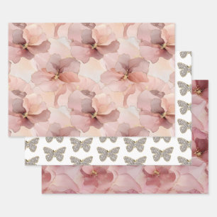 Blush Pink Floral Sparkle Butterfly Birthday Wrapping Paper Sheet