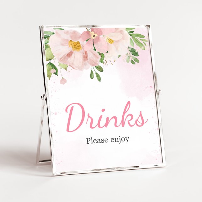 Blush Pink Floral Spring Baby Shower Drinks Poster (Blush Pink Spring Floral Baby Shower Drinks Sign)