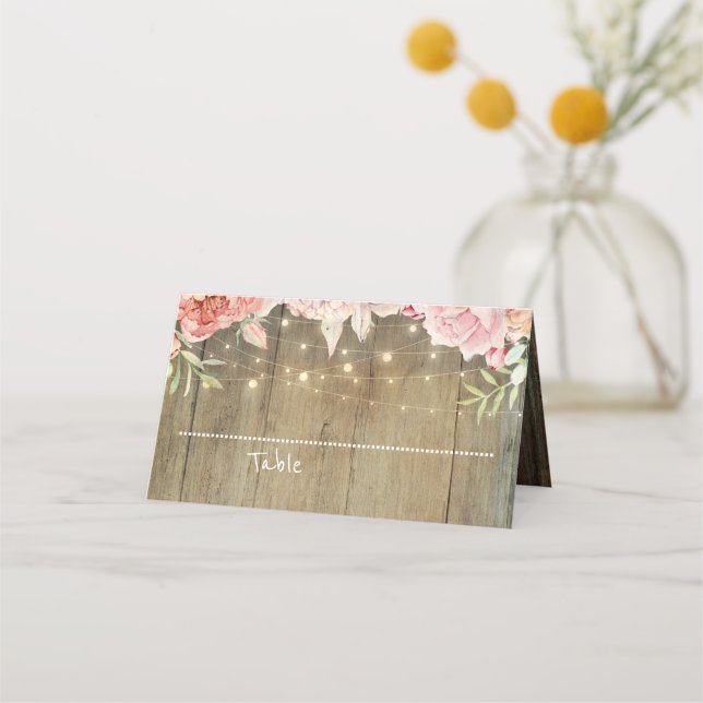 Blush Pink Floral String Lights Rustic Wood Place Card (Front)