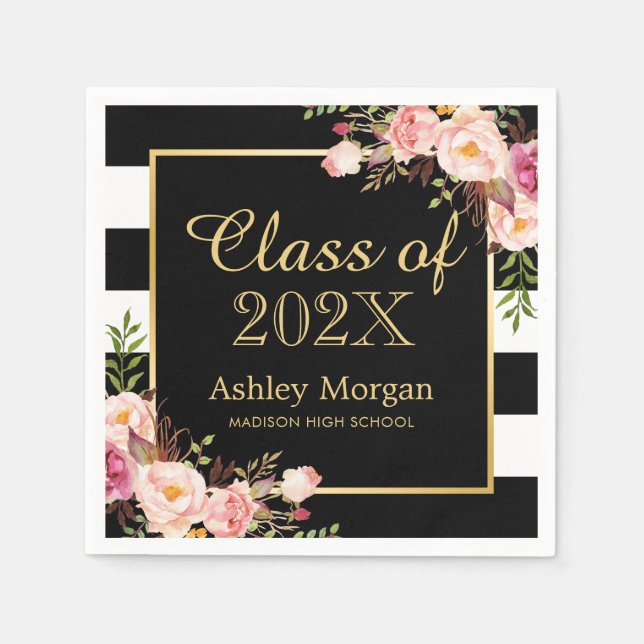Blush Pink Floral Stripes Class of 2025 Graduation Napkin (Front)