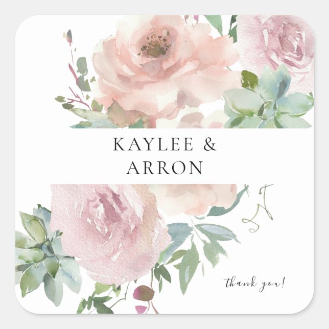 Blush Pink Floral & Succulent Floral Thank You Square Sticker (Front)