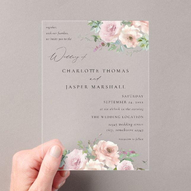 Blush Pink Floral & Succulent Wedding V2 Acrylic Invitations (Insitu (Handheld))