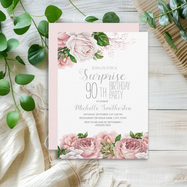 Blush Pink Floral Surprise 90th Birthday Invitation (Elegant blush pink vintage floral surprise 90th birthday party invitation)