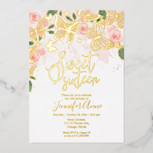 Blush Pink Floral Sweet 16 Butterfly Gold