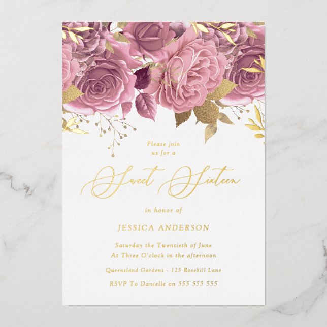 Blush Pink Floral Sweet 16 Party Gold (Front)