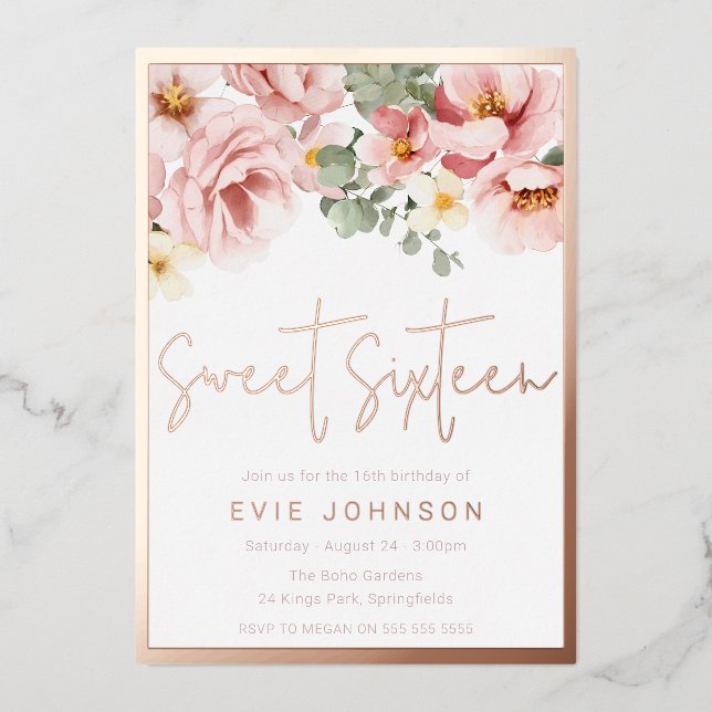 Blush Pink Floral Sweet 16 Party Rose Gold (Front)