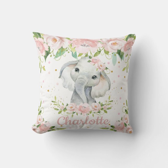 Blush Pink Floral Sweet Elephant Girl Nursery Throw Pillow (Front)