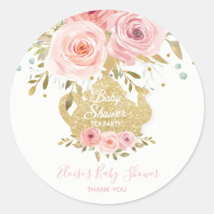 Blush Pink Floral Tea Party Baby Shower Favour Classic Round Sticker