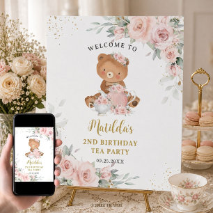 Blush Pink Floral Teddy Bear Tea Party Birthday Poster