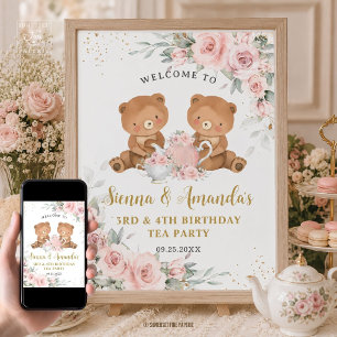 Blush Pink Floral Teddy Bears Tea Party Birthday Poster