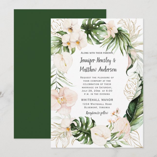 Blush Pink Floral Tropical Greenery Wreath Wedding Invitation (Front/Back)