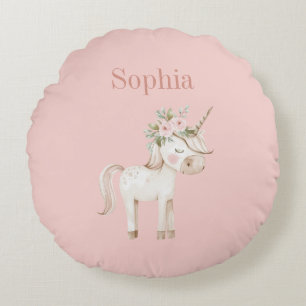 Blush Pink Floral Unicorn Round Pillow