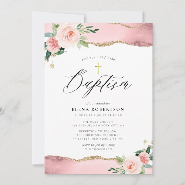 blush pink floral watercolor agate baptism invitation (Front)