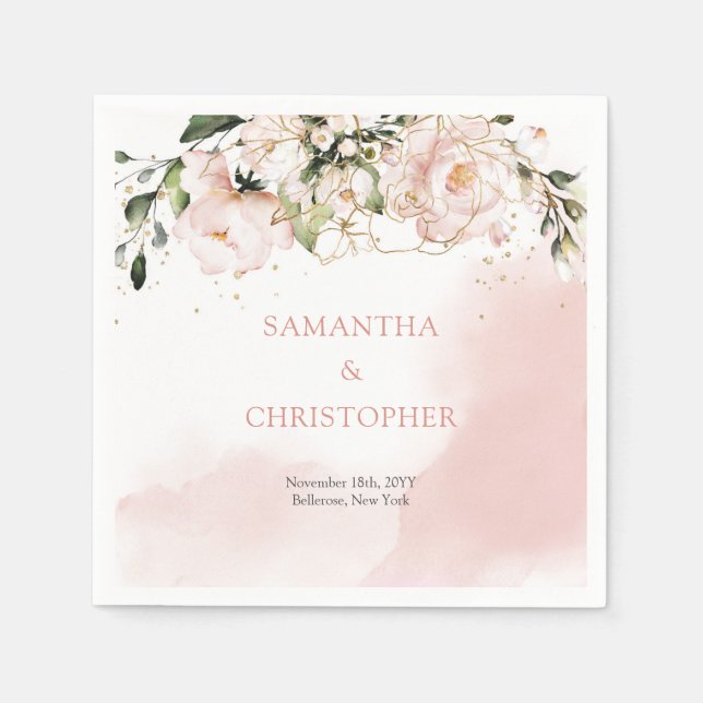 Blush Pink Floral Watercolor Rose Wedding Napkins (Front)