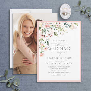 Blush Pink Floral Watercolor Script Photo Wedding Invitation