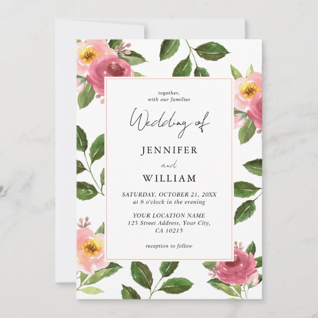 Blush Pink Floral Watercolor Wedding  Invitation (Front)