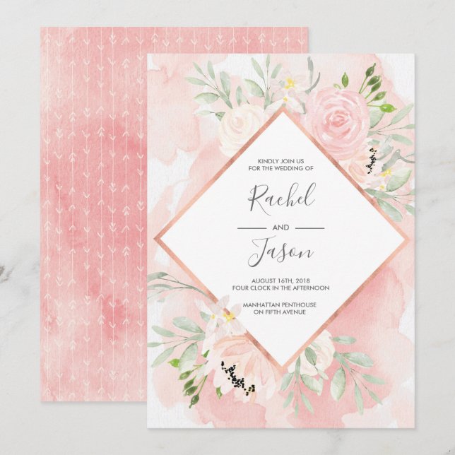 Blush Pink floral Watercolor Wedding invitation (Front/Back)
