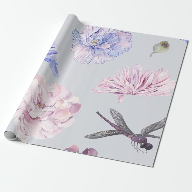 Blush Pink Floral Watercolor Wrapping Paper (Unrolled)