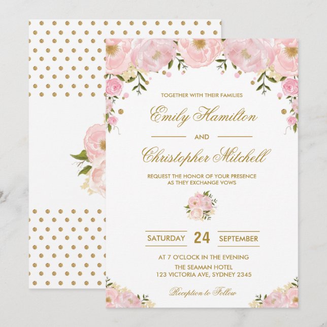 Blush Pink Floral Wedding Invitation Gold Confetti (Front/Back)