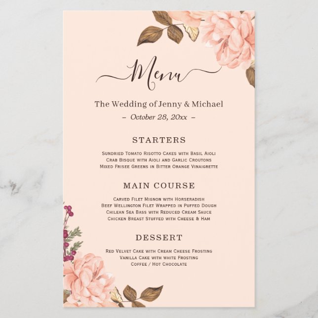 Blush Pink Floral Wedding Menu Flyer (Front)