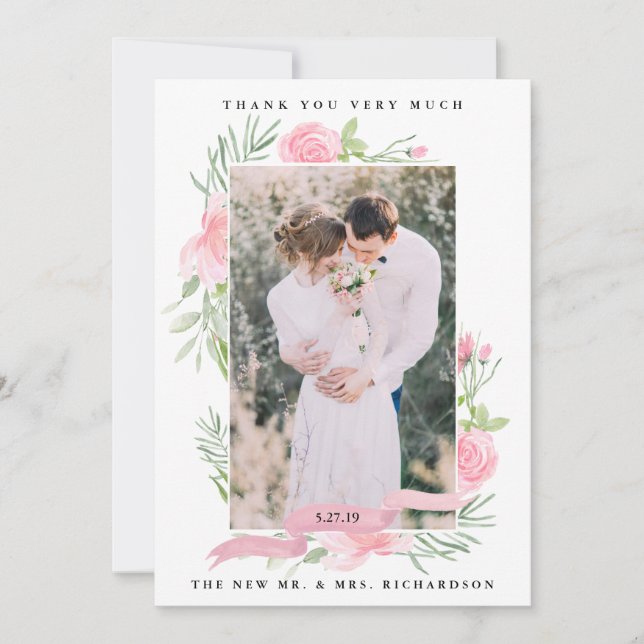 Blush Pink Floral | Wedding Photo Thank You (Front)