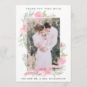 Blush Pink Floral   Wedding Photo Thank You Card