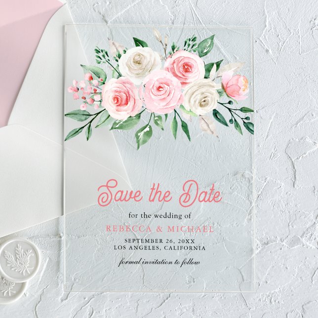 Blush Pink Floral Wedding Save the Date Acrylic Invitations (Creator Uploaded)