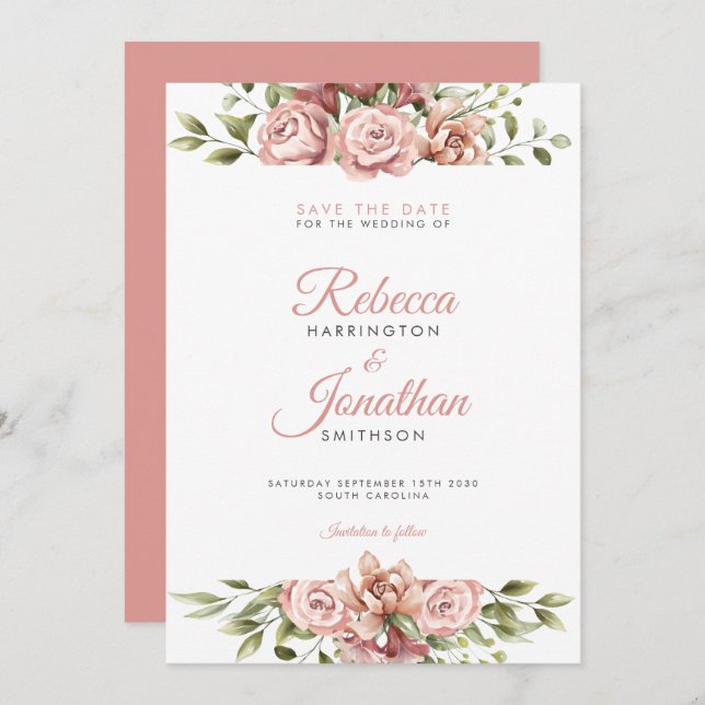 Blush Pink Floral Wedding Save The Date Invitation (Front/Back)