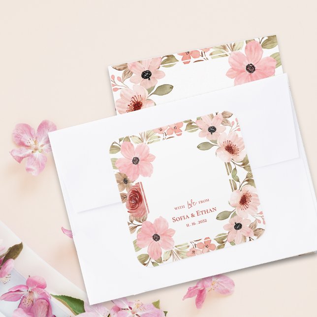 Blush Pink Floral Wedding Thank You Favor Square Sticker (Blush Pink Floral Wedding Thank You Favor Square Sticker)