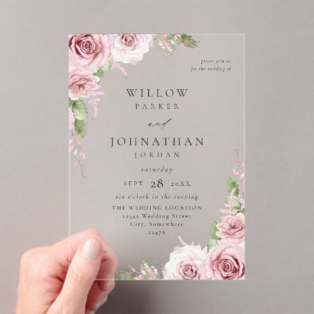 Blush Pink Floral Wedding V2  Acrylic Invitations (Insitu (Handheld))