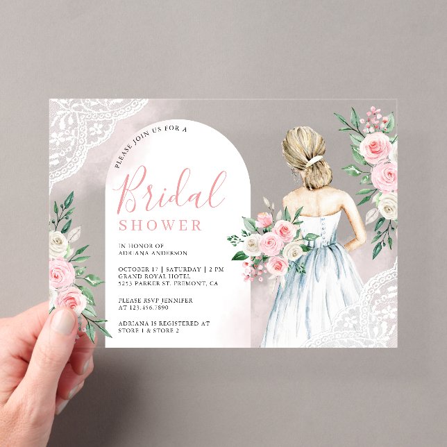 Blush Pink Floral White Lace Dress Bridal Shower Acrylic Invitations (Insitu (Handheld))