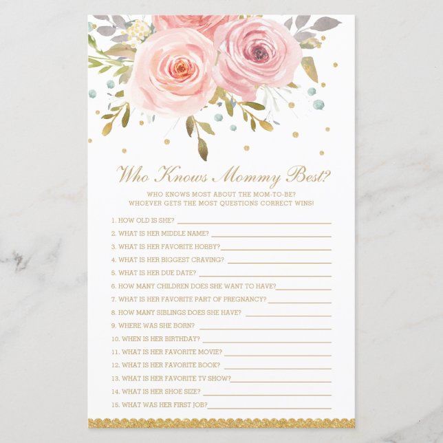 Blush Pink Floral Who Knows Mommy Best Shower Game (Front)